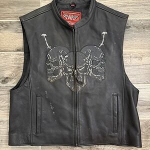 First Racing Vest XL Leather‎ Gear Black Zip Motorcycle Biker Skull Reflective